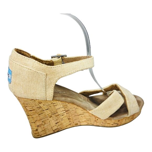 Toms Women's Tan High Heel Canvas Open Toe Cork Wedge Sandals W10 - Picture 3 of 10
